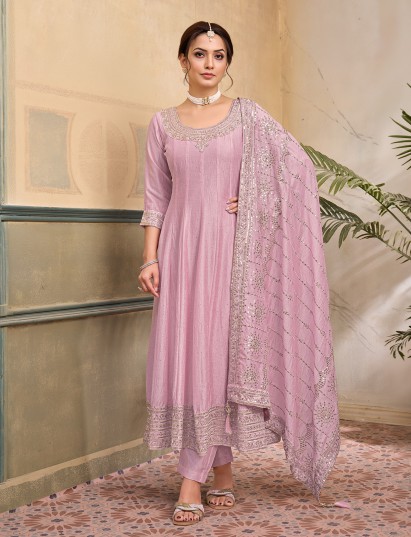 Pink chiffon silk embroidered work anarkali suit