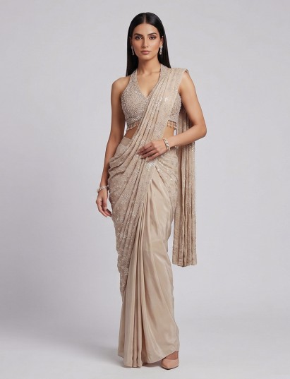 Beige crepe silk embroidered ready to wear saree