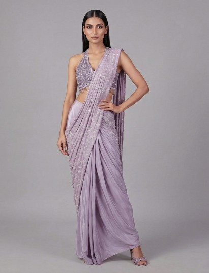 Purple crepe silk embellished ready to wear saree