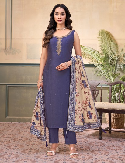 Purple silk sleeveless embellished festive straight cut salwar suit