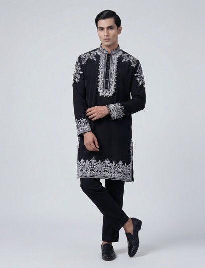 Black silk embroidered festive kurta suit elegant style