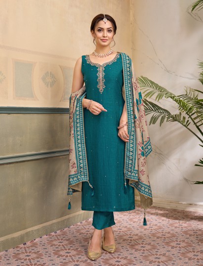Peacock green silk sleeveless embellished festive salwar suit