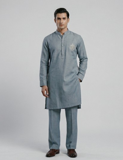 Stone blue linen thread zardosi kurta set with brooch