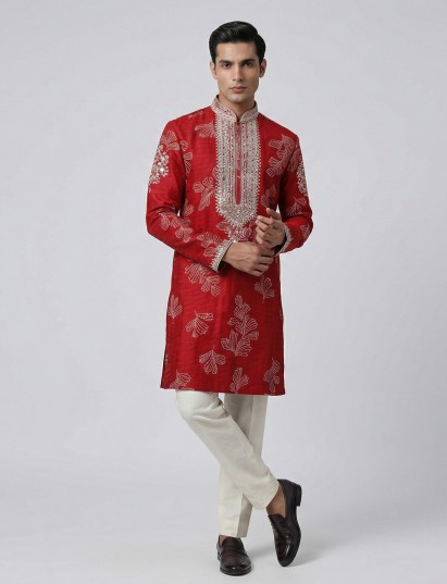 Red silk printed aabla thread festive kurta set