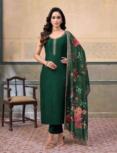 Dark green silk sleeveless embellished festive salwar suit