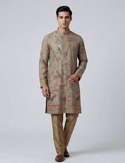 Olive silk printed thread sequin festive kurta set