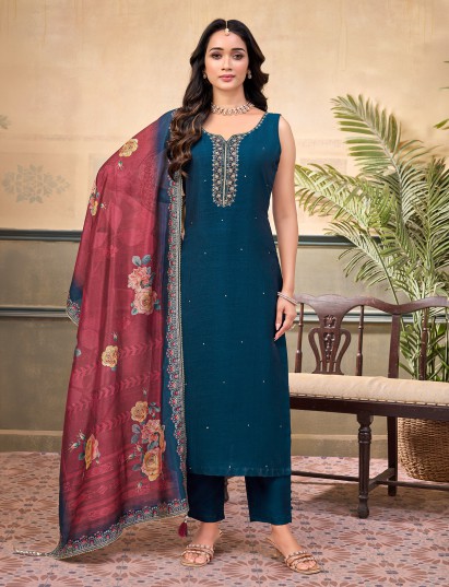 Peacock blue silk embellished sleeveless festive straight cut salwar suit