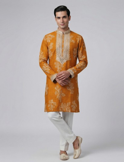 Mustard yellow silk aabla thread haldi festive kurta set