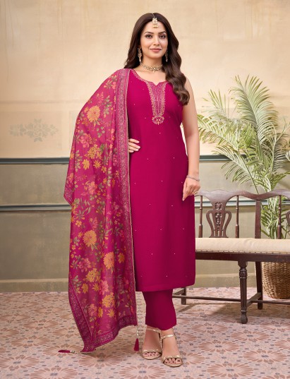 Rani pink silk mirror embellished festive sleeveless salwar suit