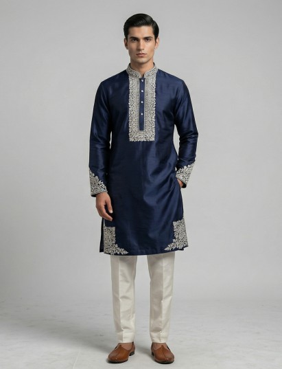 Navy blue silk aabla thread festive kurta set