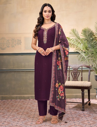 Purple silk embellished sleeveless festive straight cut salwar suit
