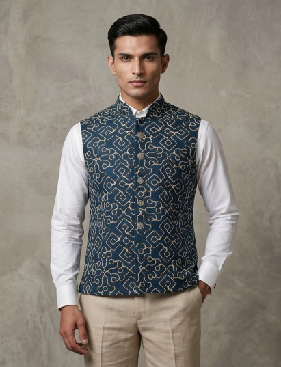 Teal blue cotton thread work festive waistcoat