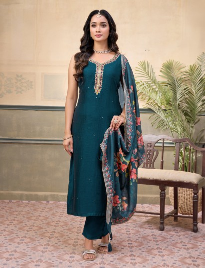 Peacock green silk embellished festive sleeveless straight salwar suit