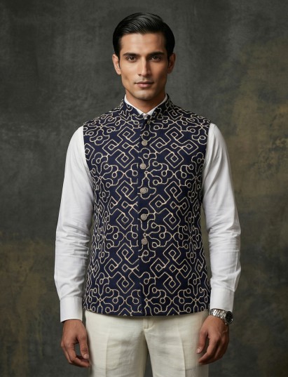 Navy blue cotton thread work wedding festive waistcoat