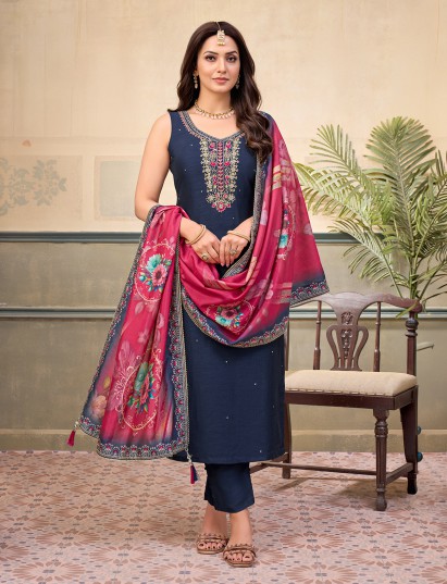 Navy blue silk zardosi embellished festive sleeveless salwar suit