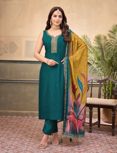 Rama green silk embellished sleeveless festive straight salwar suit