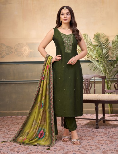 Mehendi green silk aabla embellished festive sleeveless salwar suit