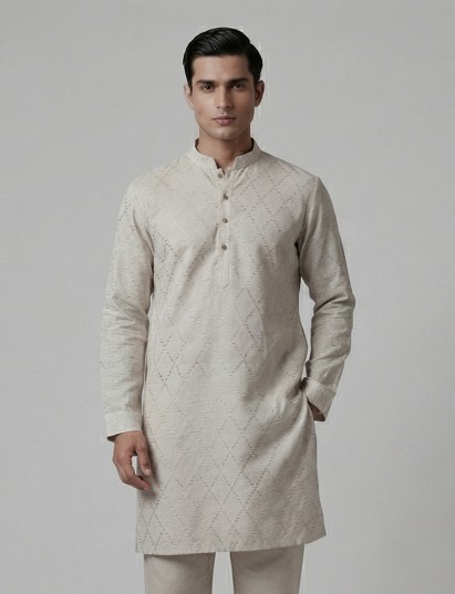 Beige cotton linen thread work festive kurta