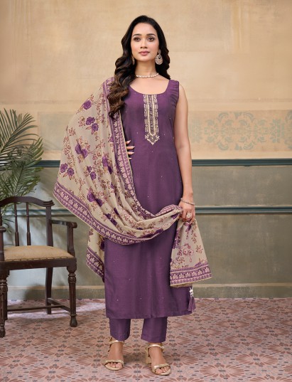 Purple silk round neck embellished festive sleeveless salwar suit