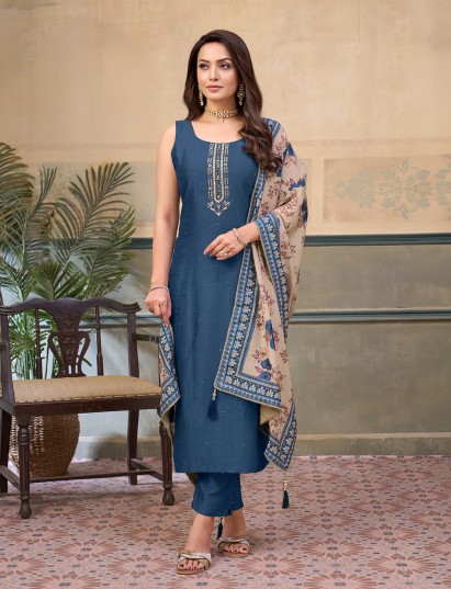 Stone blue silk round neck embellished festive salwar suit