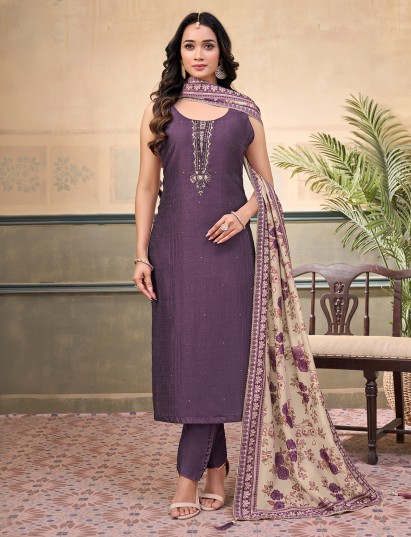 Purple silk sleeveless embellished straight cut salwar suit