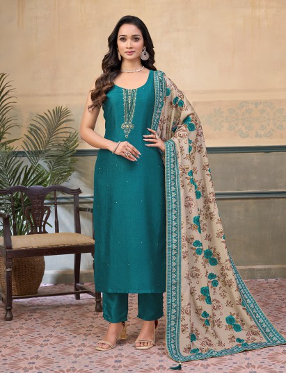 Aqua silk sleeveless embellished festive straight cut salwar suit