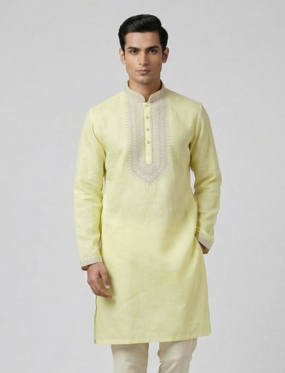 Yellow cotton linen thread work festive kurta