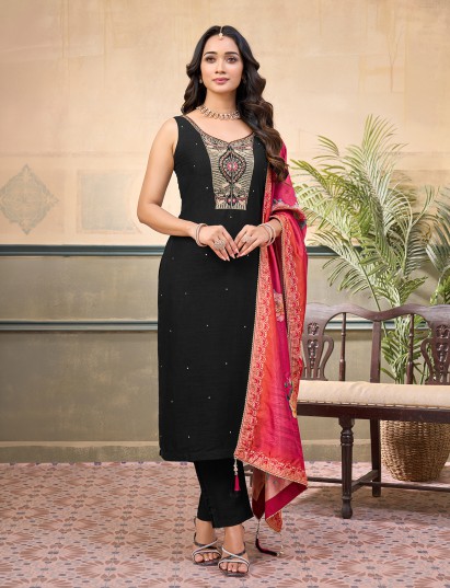 Black silk yoke style embellished festive salwar suit