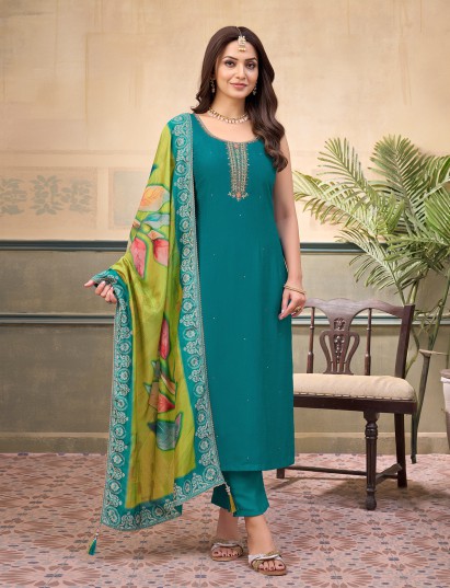 Aqua silk mirror embellished festive sleeveless salwar suit