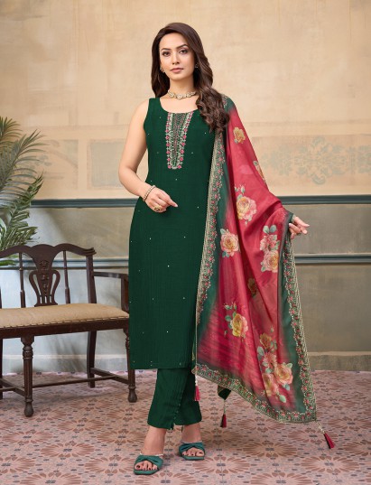 Bottle green silk embellished festive sleeveless salwar suit