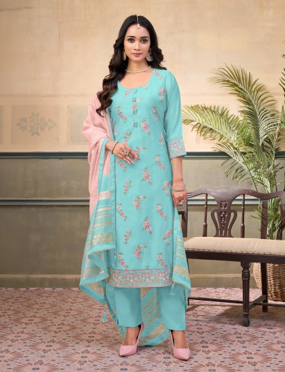 Sky blue silk embroidered festive straight cut salwar suit