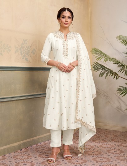 Off white silk anarkali embellished festive stand collar suit