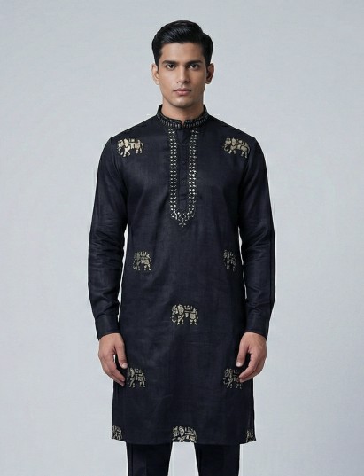 Black silk embroidery work festive wedding kurta