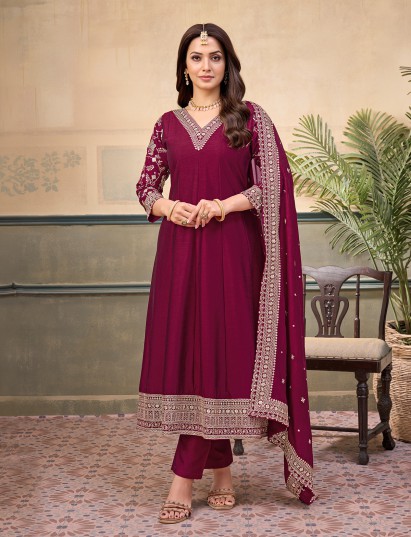 Purple silk anarkali V neck festive suit