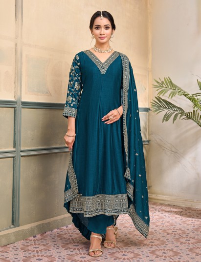 Peacock green silk anarkali V neck festive suit