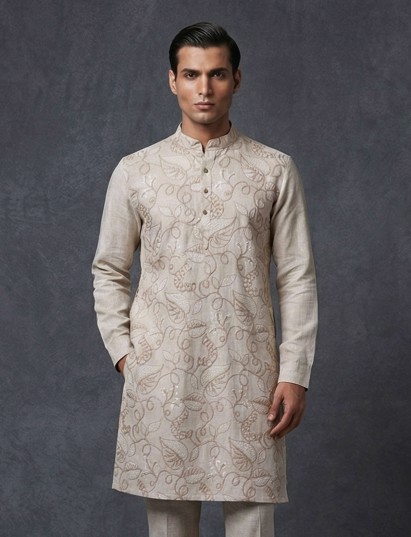 Beige cotton silk thread work elegant festive kurta