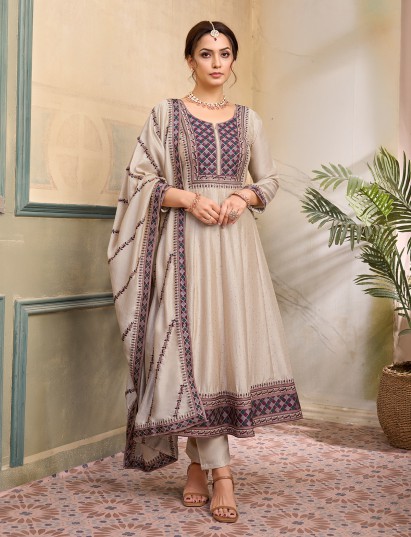 Beige silk yoke style anarkali festive suit