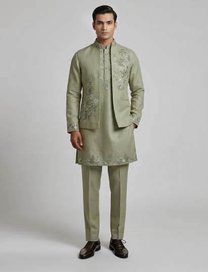 Dusty pista green silk embroidered waistcoat set for festive wear