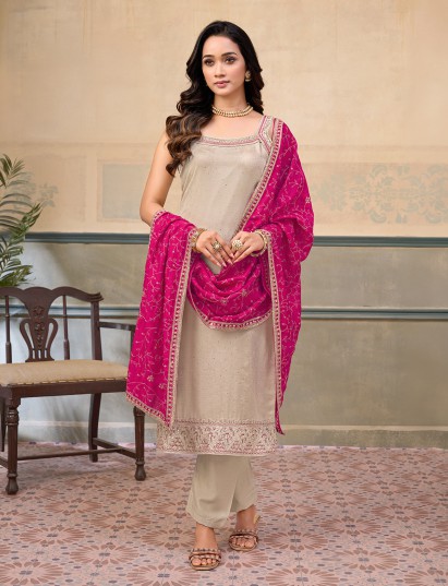 Beige silk sleeveless square neck festive salwar suit