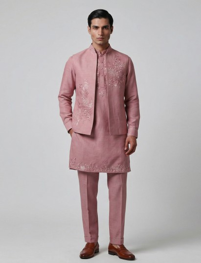 Onion pink silk resham embroidered wedding waistcoat set