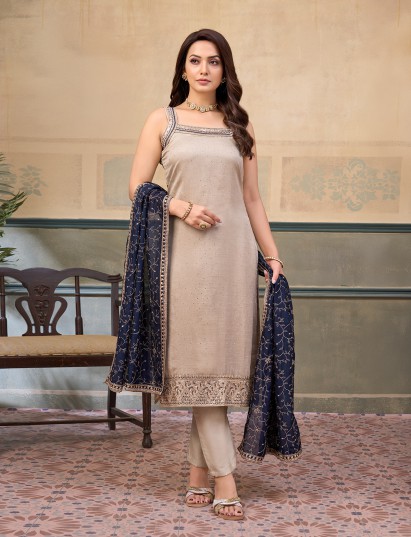 Beige silk sleeveless square neck festive contrast salwar suit