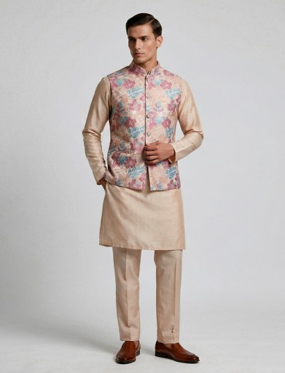 Multicolor silk printed resham festive waistcoat set