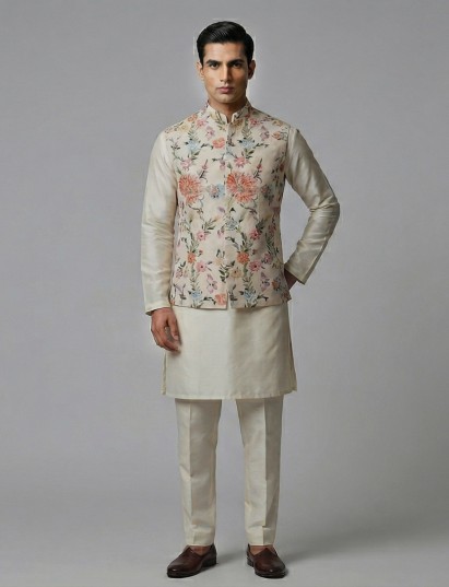 Cream silk floral mirror work festive waistcoat set