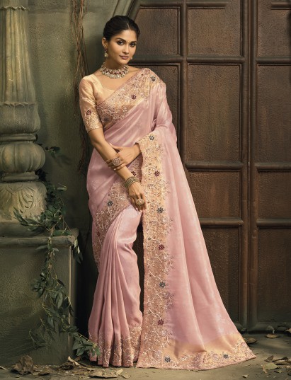 Pink ziraf silk embroidered festive wedding saree