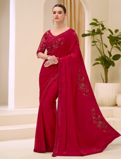 Cherry red satin chiffon elegant party wear saree
