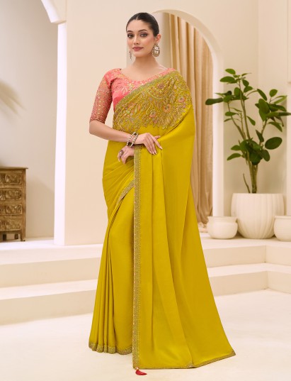 Yellow satin chiffon festive wear graceful saree
