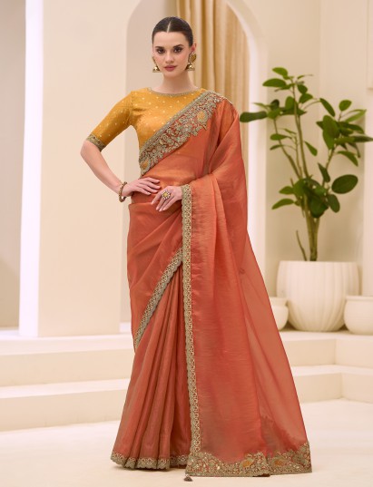 Rust orange festive wear silk saree