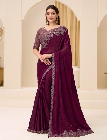 Wine party wear satin silk saree with resham detailing