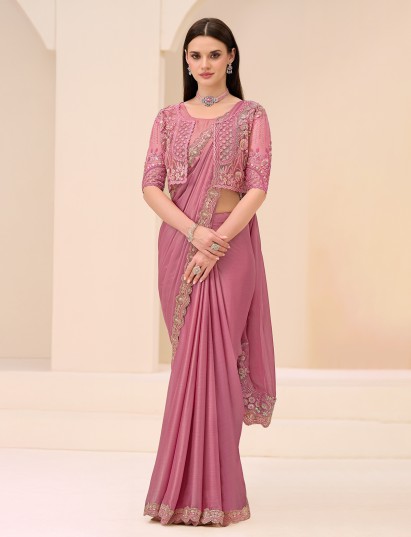 Onion pink festive wear satin saree