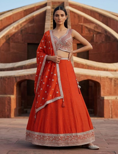 Orange silk resham work festive lehenga choli